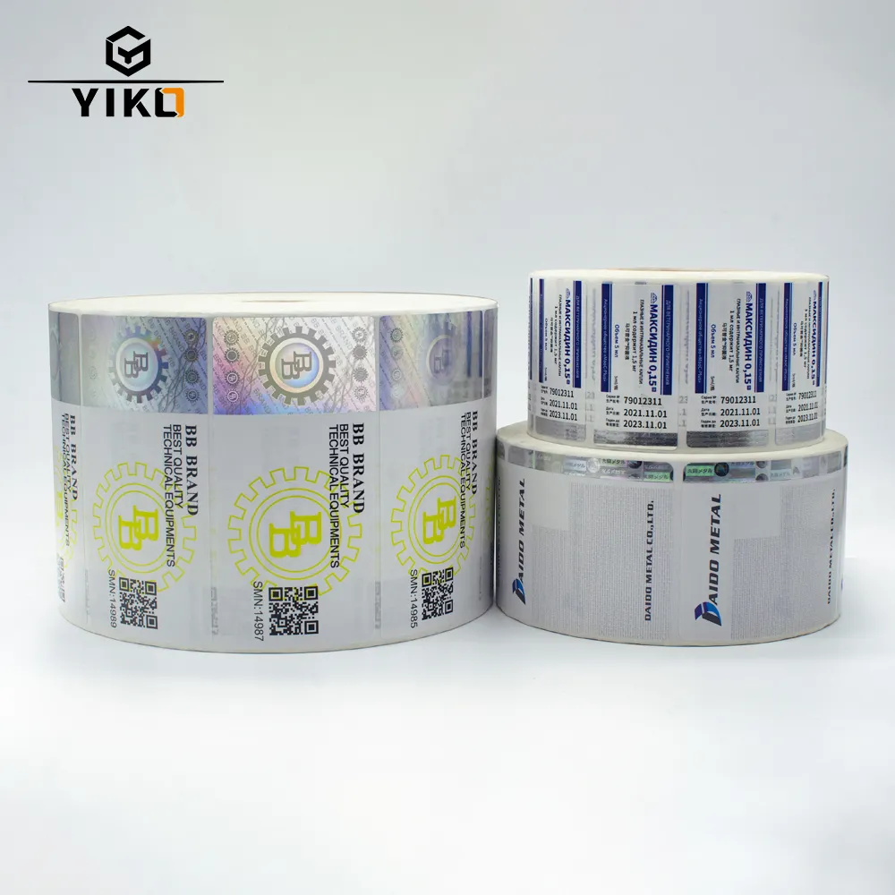 Yiko 좋은 품질 사용자 정의 로고 자체 접착 홀로그램 스트립 스티커 라벨 보안 접착 스티커 라벨 용지