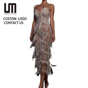 Nuovi Arrivi Moda OEM Abito <span class=keywords><strong>da</strong></span> Sera Lungo Formale <span class=keywords><strong>da</strong></span> Donna <span class=keywords><strong>Sexy</strong></span> con Spalline Sottili Paillettes e Frange per Feste e Matrimoni - Product Image 1