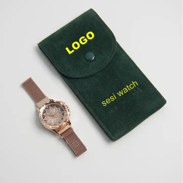Custom Logo Single Watch Travel Pouch Green Premium Velvet Suede Watch Pouch With Insert