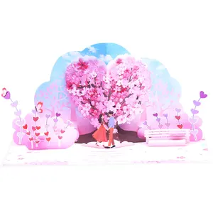 Оптовая продажа на заказ уникальные цветущие вишни день Святого Валентина 3d всплывающие поздравительные открытки для любви