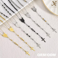 Collier de prière catholique chrétien en acier inoxydable plaqué or 18 carats XF, perles de chapelet, croix de Jésus, Vierge Marie, bijoux religieux