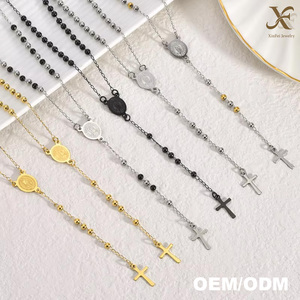 Collier de prière en acier inoxydable XF, perles de chapelet catholique chrétien, croix de Jésus, chaîne Vierge Marie - Product Image 1