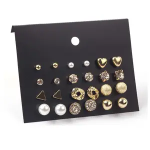Hot Selling Peach Heart Triangle 12 Pairs Geometric Rhinestone Gold Silver Alloy Pearl Stud Earrings Set For Women