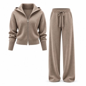 Women's Gray Hooded Zip-Up <b>Sweater</b> <b>Set</b> 2-Piece Long Sleeve Loose Fit Knitted Pants Drawstring Elastic Waist Casual All Seasons - Product Image 6