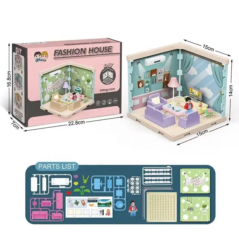 Vente en gros de mini jouets éducatifs personnalisés pour enfants, kit d'assemblage de petite villa pour maison de couture pour enfants, plastique coloré