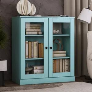 Libreria a 3 ripiani in legno a doppia porta con porte in vetro trasparente, vetrina <span class=keywords><strong>turchese</strong></span> per soggiorno e ufficio - Product Image 1