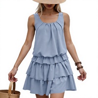 Robe courte plissée sans manches à col en U et volants superposés pour femme, style décontracté, ODM/OEM