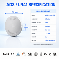 Pile alcaline AG3 1,5 V 42 mAh, prix usine, OEM/ODM acceptés, livraison rapide, en stock