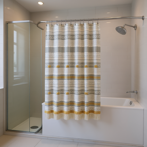Rideau de douche en coton à rayures imprimées avec pompons, accessoire de salle de bain bohème - Product Image 2
