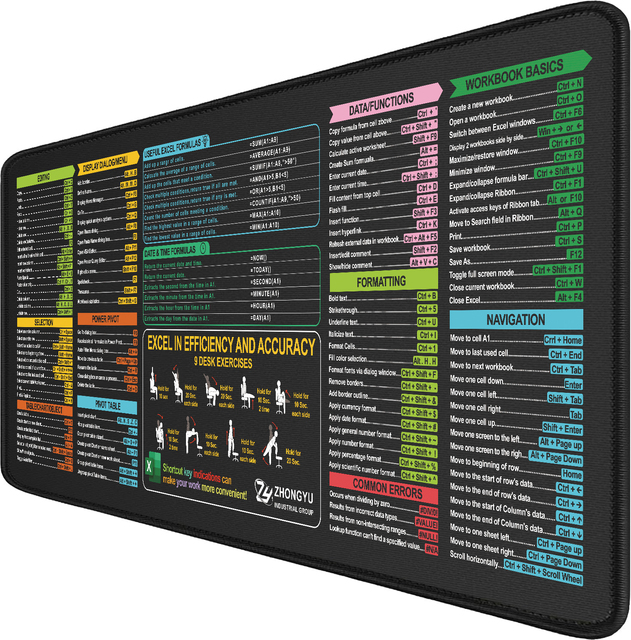 Waterproof XL Gaming Mouse Pad Excel Cheat Sheet Keyboard Shortcuts Natural Rubber + Polyester Fabric Custom Logo Option Heat