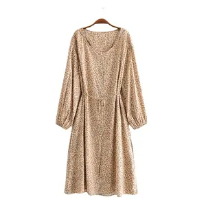 China manufacturer loose xxs to 3xl size long sleeves casual leopard printed hollow long dress with sashes and buttons