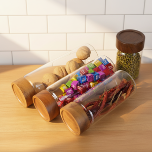 Stoples Kaca dengan Tutup Kayu Akasia Kedap Udara, Wadah Makanan Borosilikat <span class=keywords><strong>Set</strong></span> 5 untuk Dapur - Product Image 2
