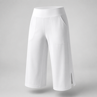 Pantalon de yoga capri blanc uni taille haute pour femme, coupe ample, jambe large, avec poches et fente latérale, idéal pour la gym et le yoga