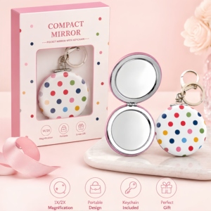 Miroir de maquillage compact pliable double face personnalisé en cuir avec impression de logo au laser, porte-clés - Product Image 6