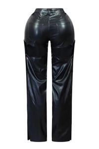 Pantaloni da donna in similpelle a vita alta dritti in PU, eleganti, invernali 2025, con bottoni, intagliati, a gamba larga, tinta unita - Product Image 6