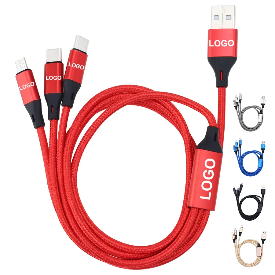 Factory Wholesale 3 in 1 Charging Cable Data Wire Micro USB Type c 8pin Fast Charge 3 in1 Nylon Braided Data Cable