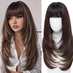 JAMBALAYA Pelucas Largas y Lisas al por Mayor con <span class=keywords><strong>Flequillo</strong></span>, Color Marrón con Reflejos Rubios, Peluca Sintética Resistente al Calor, Cabello <span class=keywords><strong>Postizo</strong></span> - Product Image 1