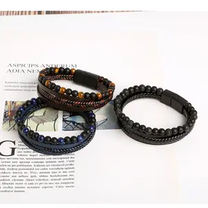 Pulseira de couro legítimo com fecho magnético, bracelete preto com pedra natural