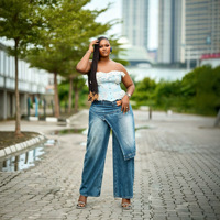 BR6907 Jean en denim taille mi-haute coupe ample style urbain, patchwork à effet optique, faux deux-pièces, jambe large
