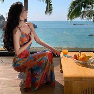 Thailand Beach Dress V Neck Backless Tie Up Tight Waist Splicing Cover Up Vacation Island Outfit Breathable Swimwear - Product Image 5