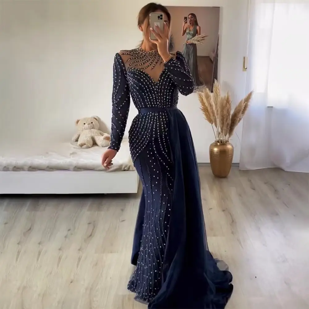 Navy/Green/Champagne Color 2023 Muslim Beaded Mermaid Elegant For Women Party Gowns Luxury Evening Dresses