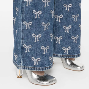 <span class=keywords><strong>Jean</strong></span> Droit de Luxe Taille Haute Pour Femme Style Streetwear Décontracté en Denim Respirant avec Strass Scintillants Délavage Classe Bleu Scintillant - Product Image 4
