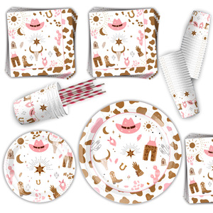 Ensemble de fournitures de fête Cowgirl rose, 60-80 pièces, assiettes, gobelets, serviettes jetables, décorations de table d'anniversaire - Product Image 4