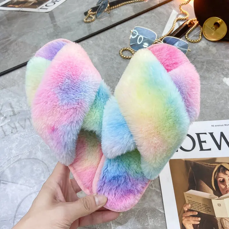 Hot Sale Winter Warm Women Shoes Plush Large Size Slippers Colorful Fur Leopard Fuzzy Thick Soled Sandals
