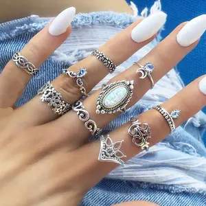 上街OEM bague Midi戒指套装银色波西河海滩复古土耳其朋克指节戒指套装女人