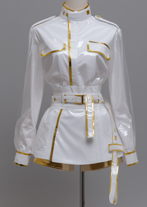 Costume de scène K-Pop pour <span class=keywords><strong>femme</strong></span> East Costume, combinaison en cuir verni blanc et or avec manches transparentes, en stock - Product Image 2