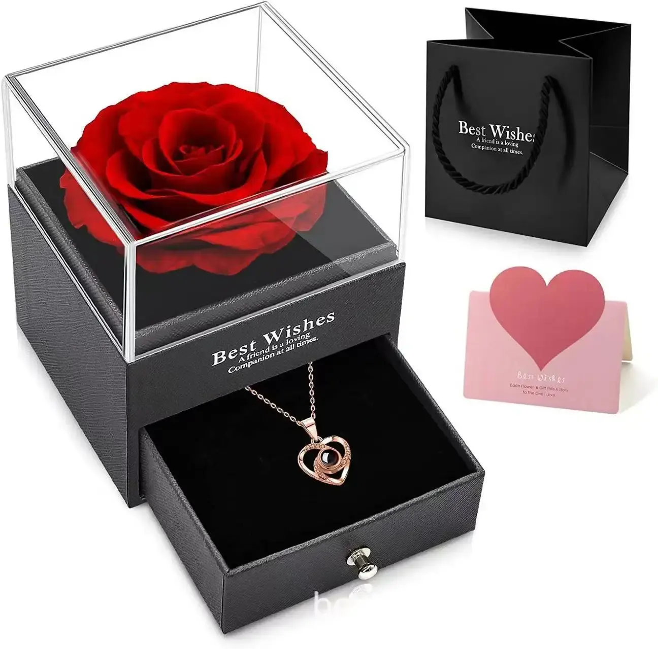 Kalung bunga mawar alami yang diawetkan, hadiah Natal Hari Valentine bunga mawar akrilik hadiah kotak perhiasan untuk ibu wanita anak perempuan