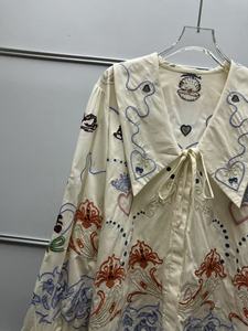Women's Vintage French Style 2-Piece Set Floral Hollow Embroidered Printed Lapel Long Sleeve Shirt <b>Top</b> & Above Knee Shorts - Product Image 5