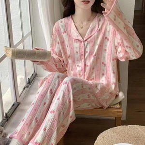 طقم بيجامة نسائي ربيعي بأكمام طويلة وسروال طويل من قطن كلاود، طقم كاجوال من قطعتين بياقة مطوية، ملابس منزلية وملابس استرخاء لطيفة - Product Image 1