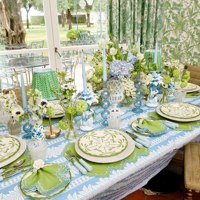Vente en gros de linge de table vert festonné personnalisé avec bordure bleue Serviette de table de haute qualité pour banquets, repas à domicile et restaurant
