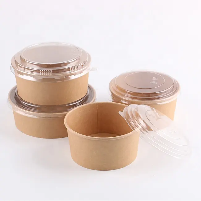 disposable take away kraft paper salad bowl with PET lid 1280ml kraft salad bowl