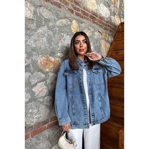 Chaqueta vaquera azul oversize para mujer, estilo vintage, de algodón, con botones al frente, manga larga, prenda exterior de moda. - Product Image 4