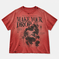 T-shirt graphique vintage personnalisé délavé à l'acide pour homme, coupe oversize, manches raglan, ourlet brut, imprimé déchiré et craquelé, style streetwear