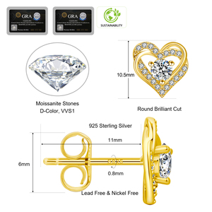 Boucles d'oreilles en argent sterling 925 plaqué or 14 carats avec moissanite cœur 0,6 ct VVS, diamant de laboratoire certifié GRA, bijoux pour femme, cadeau, livraison gratuite - Product Image 2