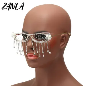 Trendy elmas gözlük çerçeve 2024 yeni kadın erkek moda inci taklidi kristal gözlük parti aksesuarları lensler olmadan Net