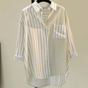 Chemise en lin et coton décontractée pour femmes, nouvel article d'automne, poche unique, couleur bloquée, rayures verticales, vintage, couleur unie, vente en gros en boutique - Product Image 2