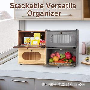 Boîte à pain en bois avec fenêtre en verre, récipient de rangement pour la cuisine, couleur brun foncé - Product Image 5