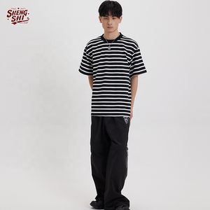 Camiseta Corta Holgada a Rayas Unisex, Algodón Puro 250GSM, Bloques de Color, Cuello Redondo, Suave, para Viajes - Product Image 1