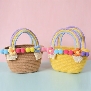 Straw woven bag, Korean niche bag, <b>handbag</b>, women's cotton rope woven bag, beach bag, dopamine color - Product Image 4