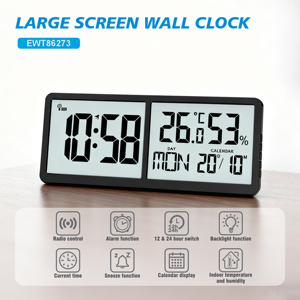 Ewetime <span class=keywords><strong>LCD</strong></span> Dual Screen Relógio de parede Interior Temperatura/Umidade e 7 Idiomas Semana <span class=keywords><strong>Display</strong></span> Rádio Controle Função Amostra Grátis - Product Image 5