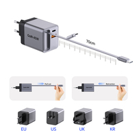 Chargeur mural GaN portable Tommox 45W avec câble rétractable PD, compatible prises US, UK, EU, pour ordinateur portable et voyage