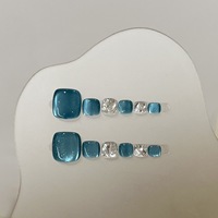 Ongles carrés à presser en acrylique faits main haut de gamme, pré-dessinés, prêts à poser, motif ciel étoilé bleu œil-de-chat, artificiels, pour l'été