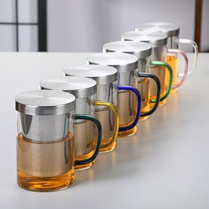 Vente en gros de tasses à thé en verre borosilicate de 400 ml et 500 ml <span class=keywords><strong>avec</strong></span> infuseurs à thé en acier inoxydable et couvercle, tasse à thé <span class=keywords><strong>avec</strong></span> poignée colorée pour la maison - Product Image 1