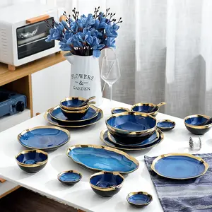 Оптовый роскошный фарфоровый набор посуды в скандинавском стиле с золотым ободком