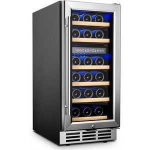 Réfrigérateur à vin Euhome 15 pouces, 33 bouteilles, double zone, avec porte vitrée, encastrable ou autoportant, en acier inoxydable - Product Image 1