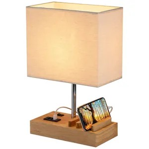 Wholesale Office Desk Light Modern Lampe De Chevet Avec USB Charging Port Base Wooden Bedside Table Lamp For Bedroom Or Hotel